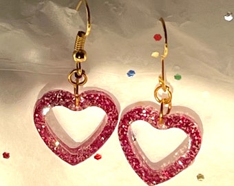 Handmade Resin Pink Heart Earrings Golden Ear Hooks Dangle Drop