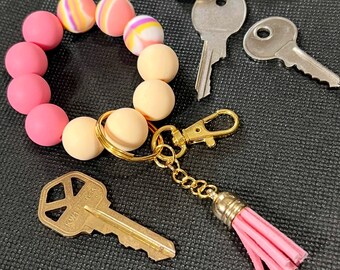 Vibrant Silicone Bead Wristlet Keychains - Bright and Colorful Gift