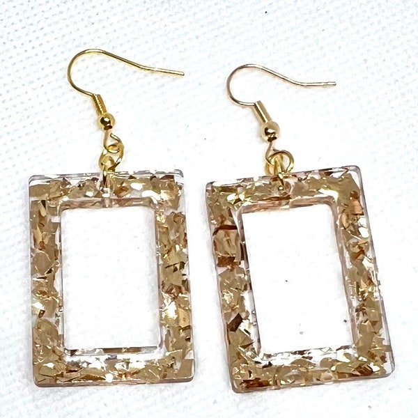 Handmade Fashion Resin Dangle Earrings Golden Glitter Flakes