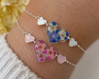 Blossom Bracelet, Forget Me Not Bracelet, Heart Bracelet, Dainty Bracelet, Silver Plated Bracelet, Minimalist Jewellery, Resin Jewellery