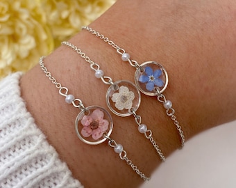 Blossom Bracelet, Forget Me Not Bracelet, Pearl Bracelet, Dainty Bracelet, Silver Plated Bracelet, Minimalist Jewellery, Resin Jewellery