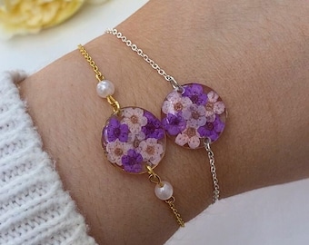 Real Blossom Flower Bracelet, Purple & Pink Flower Bracelet, Silver Bracelet, Gold Bracelet, Pearl Bead Bracelet, Keepsake Gift for Her