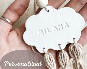 Personalised Clay hanging name tag with macrame | Wall decoration | Christmas tree decor | First birthday gift