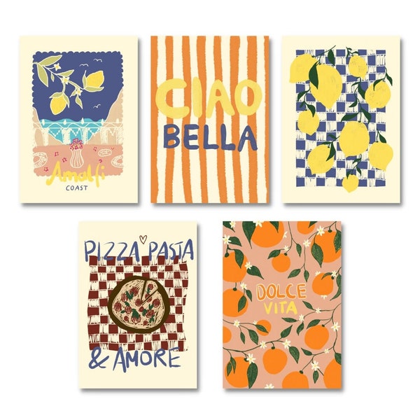 Postkarten Set 5 La Dolce Vita Illustration Orangen / Karte / Urlaub / Italien /Zitat / Sommer / Modern / Pizza / Zitronen