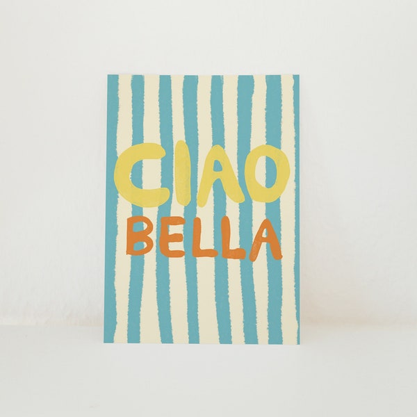 Postkarte Ciao Bella Hellblau gestreift