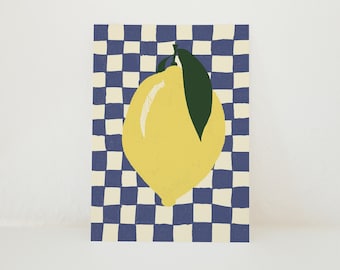 Postcard lemon on checkered pattern