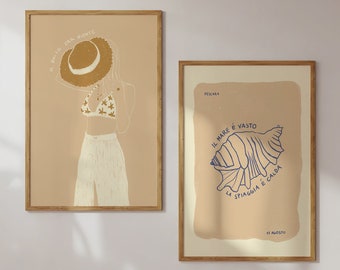 Poster Set Summer Girl & Shell Illustration / Art Print / Minimalist / Italy, Beige, Summer