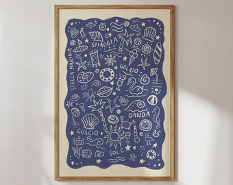 Poster Italië Strand Collage / Illustratie / Art Print / Roze / Zomer / Zomer Illustratie / Typografische poster / blauw, Zee, Badkamer