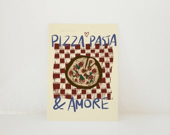 Postkarte Pizza, Pasta & Amore Illustration / Dolce Vita / Italien, Küche, Essen