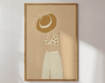 Poster Summer Girl Illustration / Art Print / Dolce Vita / Italy, Straw Hat, That Girl, Fashion, Beige, Minimalist, Poster, Summer,Bikini