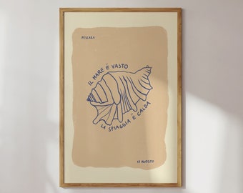 Affiche coquillage Italie / illustration / art print / beige / été / illustration été / affiche typographique / plage, mer, bain