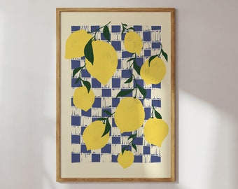 Citrons d'affiche / impression d'art / Dolce Vita / Italie, cuisine, nourriture, Amalfi, citron vert, citrons, photo, affiche de cuisine, jaune, bleu, carreaux, motif
