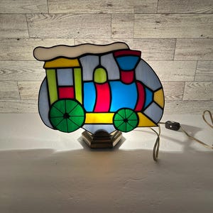 Vintage Christmas Stained Glass Train Accent Lamp Night Light Handcrafted