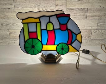 Vintage Christmas Stained Glass Train Accent Lamp Night Light Handcrafted