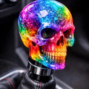 Op de afbeelding: Een kleurrijke schedel versnellingspookknop met een regenboogkleurig ontwerp. De schedel heeft een galaxy-achtig ontwerp met tinten paars, blauw, groen, geel en rood. Gemonteerd op een zwarte leren versnellingspook.