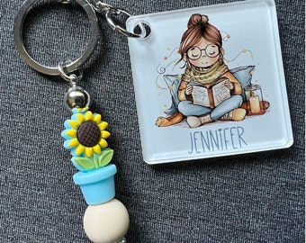 Personalized Beaded BOOK LOVER Keychain with SUNFLOWER