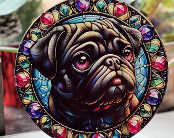 Round Faux Stained Tempered Glass Black PUG CUTTING BOARD/ Trivet