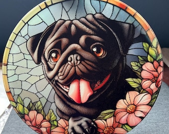 Round Faux Stained Tempered Glass Black PUG CUTTING BOARD/ Trivet