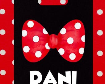 Personalized DISNEY inspired RED/ WHITE polka dotted bow luggage/ backpack tag