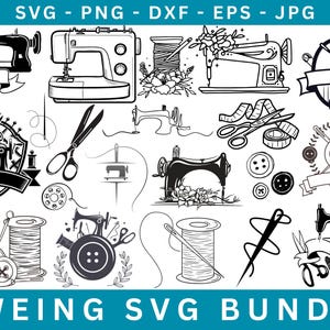 May include: A set of 12 black and white sewing machine SVG cut files. The designs include sewing machines, spools of thread, buttons, needles, and scissors. The text "SWEING SVG BUNDLE" is at the bottom of the image.