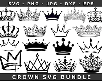 May include: A set of 15 black and white crown SVG files. The crowns are in various styles, including simple, ornate, and modern.