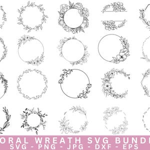 Könnte beinhalten: Ein Set mit 20 schwarzen und weißen floralen Kranz-SVG-Schnittdateien. Die Kränze bestehen aus einfachen Linienzeichnungen von Blumen und Blättern. Die Kränze sind perfekt zum Erstellen von Einladungen, Karten und anderen Bastelarbeiten.