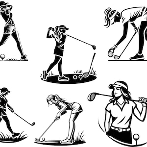 Può includere: Illustrazioni in bianco e nero di donne che giocano a golf. Le illustrazioni mostrano diverse pose e angolazioni di donne che oscillano mazze da golf e tengono palline da golf.