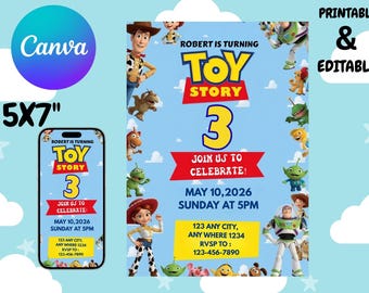 Bearbeitbare Toy Story Geburtstagseinladungsvorlage: Kinderparty (Digitaler Download, 5x7 "PDF / JPG-Datei)