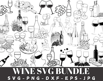 SVG-bundel wijn: glas, fles, druivensilhouet (digitale bestanden)