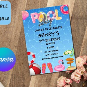 Pool Party Birthday Invitation: Editable Summer Kids Invite (Digital Download 5x7&quot; PDF/JPG Canva Template)