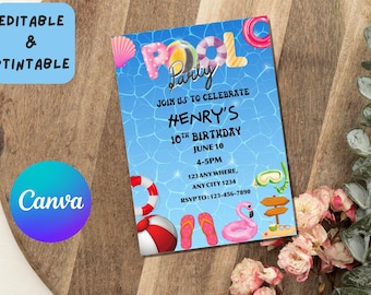 Pool Party Birthday Invitation: Editable Canva Template (Digital Download)