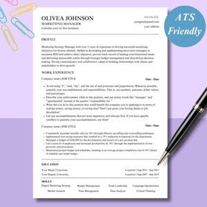 May include: A CV template with the name OLIVEA JOHNSON, Marketing Manager, and contact details. A black pen lies on the document. The CV includes sections for profile, work experience, education, and skills. The background is a light purple colour.