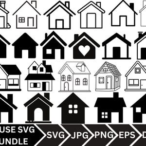 Könnte beinhalten: Ein Set mit 20 schwarzen und weißen Haus-Silhouetten-SVG-Schnittdateien. Die Hausdesigns umfassen verschiedene Stile, wie z. B. traditionell, modern und Cottage. Der Text "HOUSE SVG BUNDLE" befindet sich am unteren Rand des Bildes.