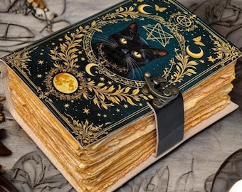 Handmade Black Cat Grimoire Journal – Vintage Leather Spell Book of Shadows – Gothic Gift