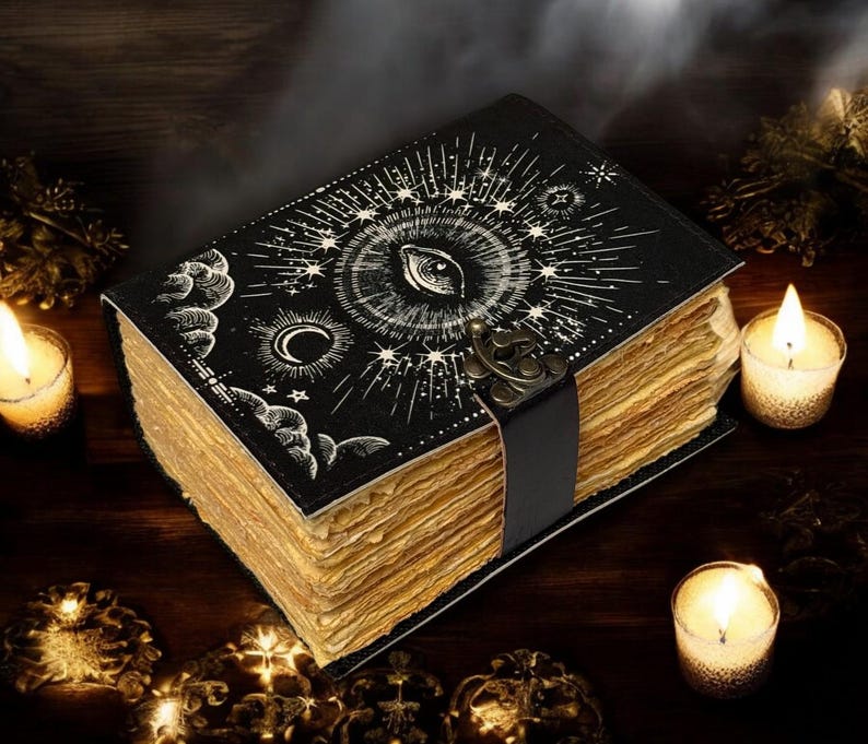 Puede incluir: Un diario negro con un dise&ntilde;o de ojo y celestial, asegurado por una correa negra. Las p&aacute;ginas envejecidas est&aacute;n iluminadas por la luz de las velas, creando un ambiente m&iacute;stico. La portada presenta una ilustraci&oacute;n blanca detallada de un ojo, estrellas y lunas crecientes.