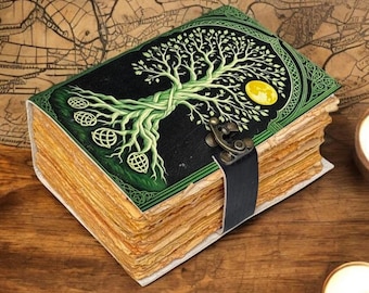 Celestial Tree of Life Leather Journal | Handmade Grimoire with Lock