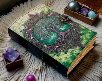 Tree of Life 400 Page Large Grimoire Vintage leather journal, Blank spell book of shadows witchcraft supplies, personalised gifts for Women