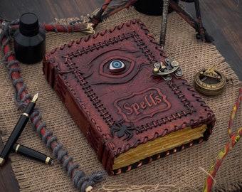 Embossed Leather Spell Book - Evil Eye Grimoire, 200 Page Journal