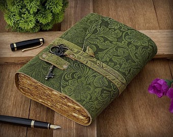 Handmade Green Leather Journal – Antique Deckle Edge Book of Shadows