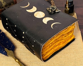 Large Leather Grimoire Journal, Moon Print Spell Book, 400 Pages