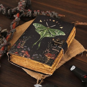 Luna Moth Blank Spell Book of Shadows Journal for Men & Women 200 Pages with Lock Clasp Vintage Handmade Leather Luna Moth Deckle Edge paper