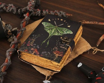 Luna Moth Blank Spell Book of Shadows Journal for Men & Women 200 Pages with Lock Clasp Vintage Handmade Leather Luna Moth Deckle Edge paper