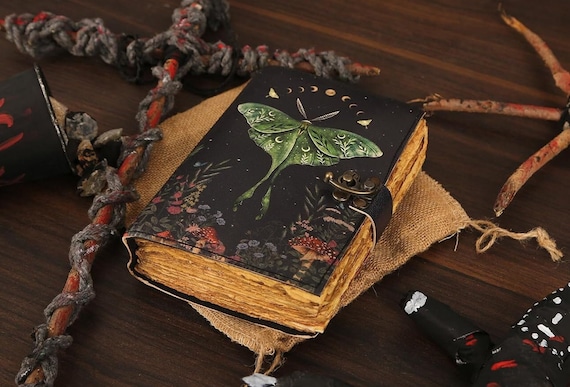 Luna Moth Leather Journal: Vintage Flower Forest Grimoire Handmade Book of Shadows, Spell book Wiccan Pagan Gothic Magic Diary Gift |