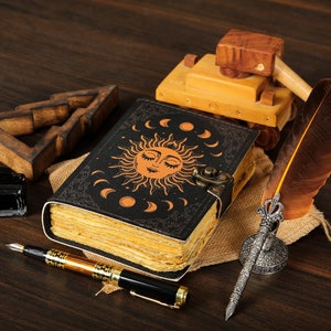 Sun & Moon Vintage Leather Journal • Deckle Edge Paper, Spell Book of ...