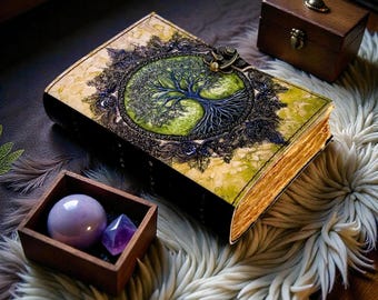 Grimorio grande de 400 páginas del Árbol de la Vida, diario de cuero vintage, libro de hechizos de las sombras en blanco, suministros de brujería, regalos personalizados para mujeres.