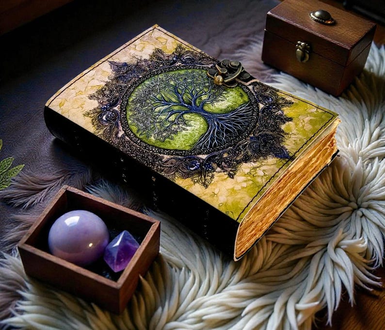 Tree of Life 400 Page Large Grimoire Vintage leather journal, Blank spell book of shadows witchcraft supplies, personalised gifts for Women bild 1