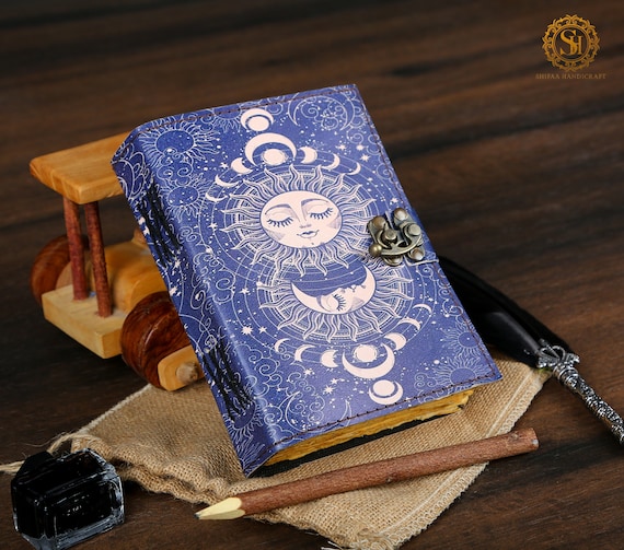 Sun and Moon Celestial Journal, Notebook with Latch Closure, Embossed  Leather