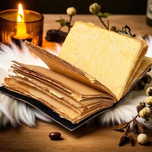 May include: An open, aged-looking book with yellowed pages, resting on a white faux fur surface. A lit candle in a glass holder and decorative sprigs with small, round accents are in the background. The book's pages are slightly curled.