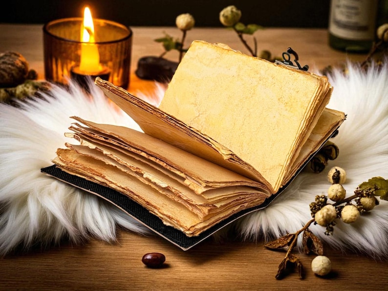 May include: An open, aged-looking book with yellowed pages, resting on a white faux fur surface. A lit candle in a glass holder and decorative sprigs with small, round accents are in the background. The book's pages are slightly curled.
