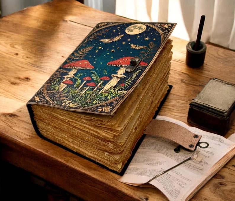 May include: A large, leather-bound journal with a dark blue cover featuring a whimsical illustration of mushrooms, stars, and butterflies. The journal is open to reveal thick, aged pages.